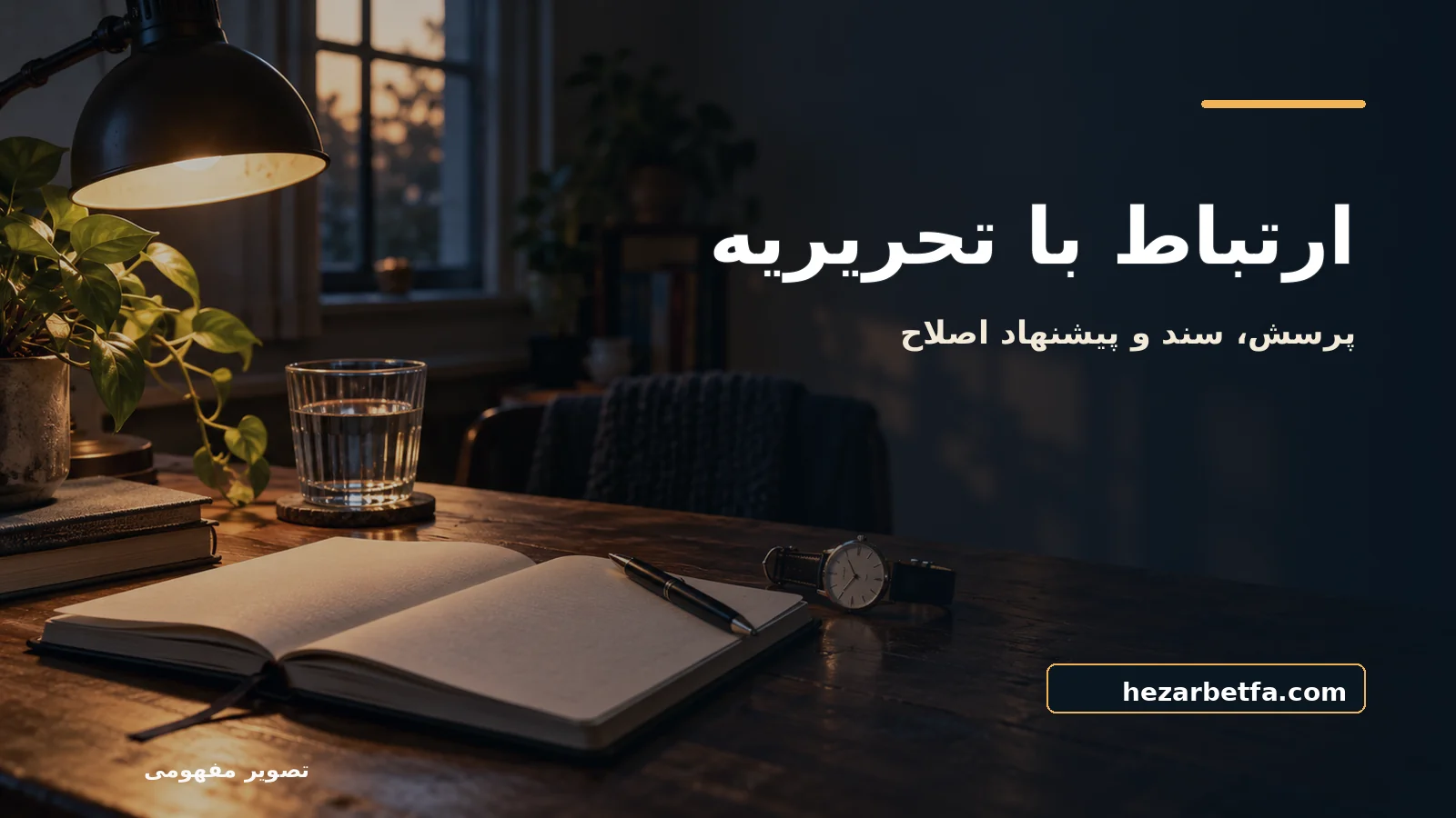 تصویر مفهومی برای ارتباط با تحریریه؛ عنوان فارسی و نشانی hezarbetfa.com