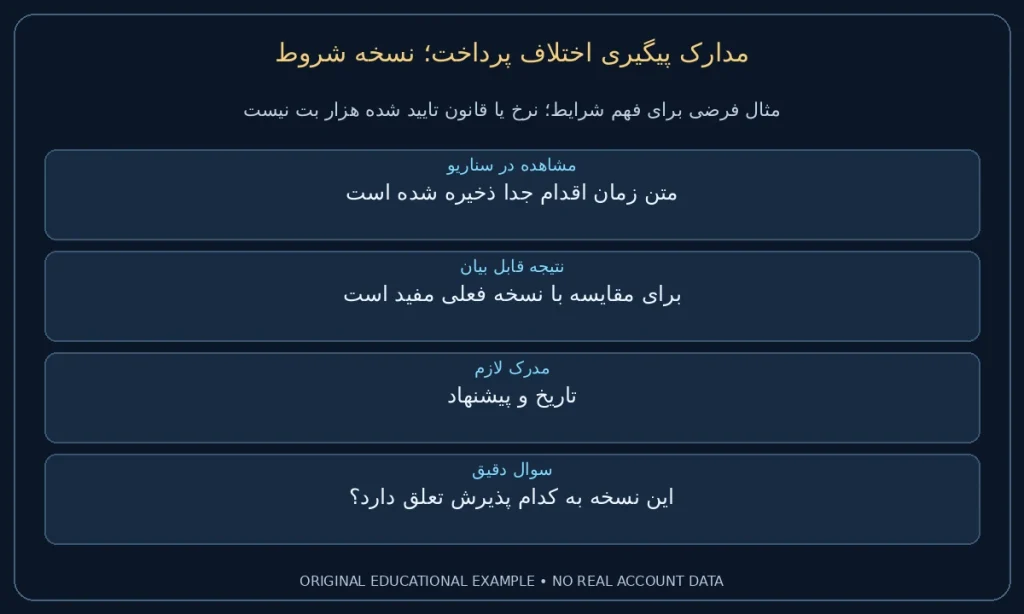 نسخه شروط؛ متن زمان اقدام جدا ذخیره شده است. برای مقایسه با نسخه فعلی مفید است. نمونه ساختگی برای مطالعه شرایط، نه گزارش حساب واقعی.