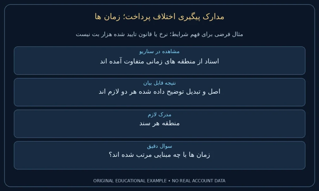 زمان ها؛ اسناد از منطقه های زمانی متفاوت آمده اند. اصل و تبدیل توضیح داده شده هر دو لازم اند. نمونه ساختگی برای مطالعه شرایط، نه گزارش حساب واقعی.