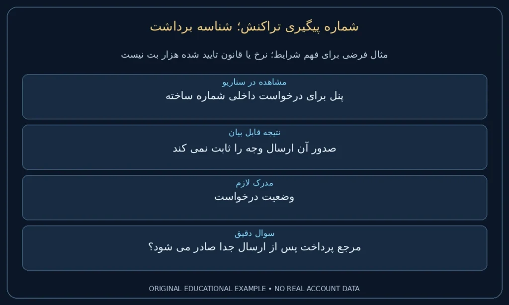 شناسه برداشت؛ پنل برای درخواست داخلی شماره ساخته. صدور آن ارسال وجه را ثابت نمی کند. نمونه ساختگی برای مطالعه شرایط، نه گزارش حساب واقعی.
